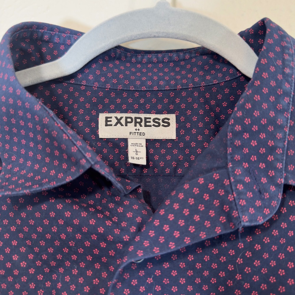 Express Fitted Mens Large Navy Blue Red Floral Micro Print Button Down Shirt